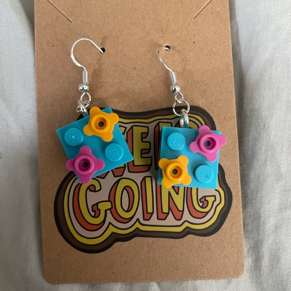 Blue LEGO®-style Stud Earrings with Pink & Yellow Flowers